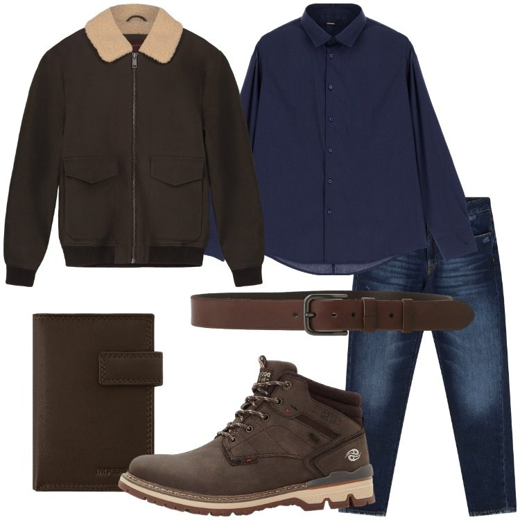 Outfit uomo - Dettagli in pelle. Stile Casual per Serata speciale. Abbinamento con stivali e stivaletti, portafogli, camicie, jeans dritti, cinture, bomber.