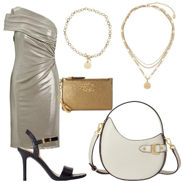 Outfit donna - outfit elegante. Stile Glamour per Cerimonia. Abbinamento con collane, sandali in pelle, vestiti asimmetrici, portafogli, borse a tracolla, ciondoli.