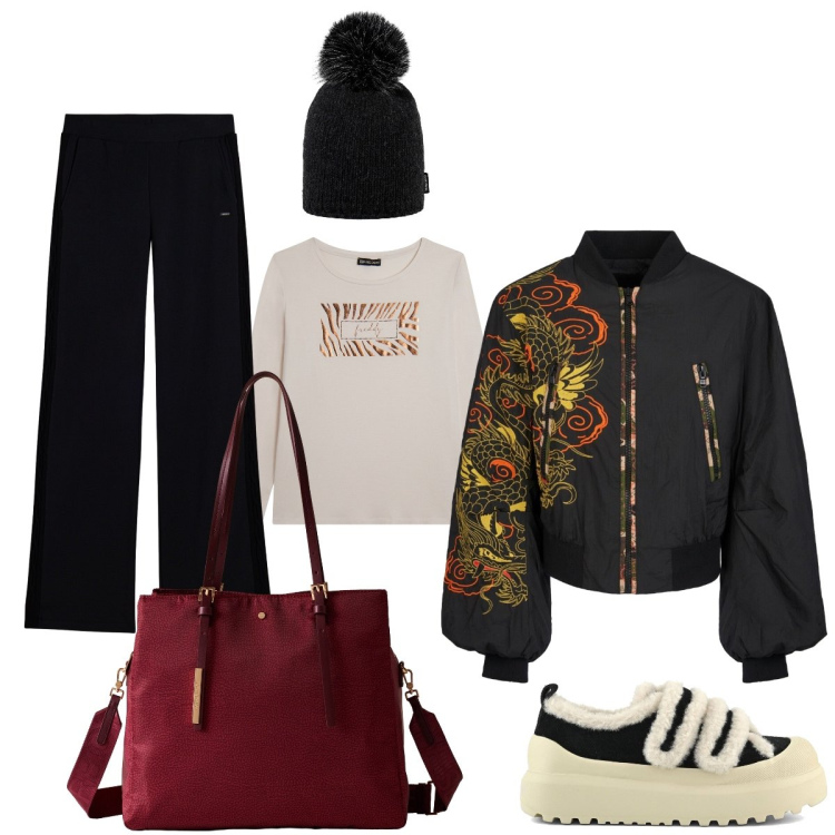 Outfit donna - Elegante, sportiva. Stile Sporty chic per Tutti i giorni. Abbinamento con shopping bag, pantaloni, t-shirt, bomber, cappelli, sneakers.