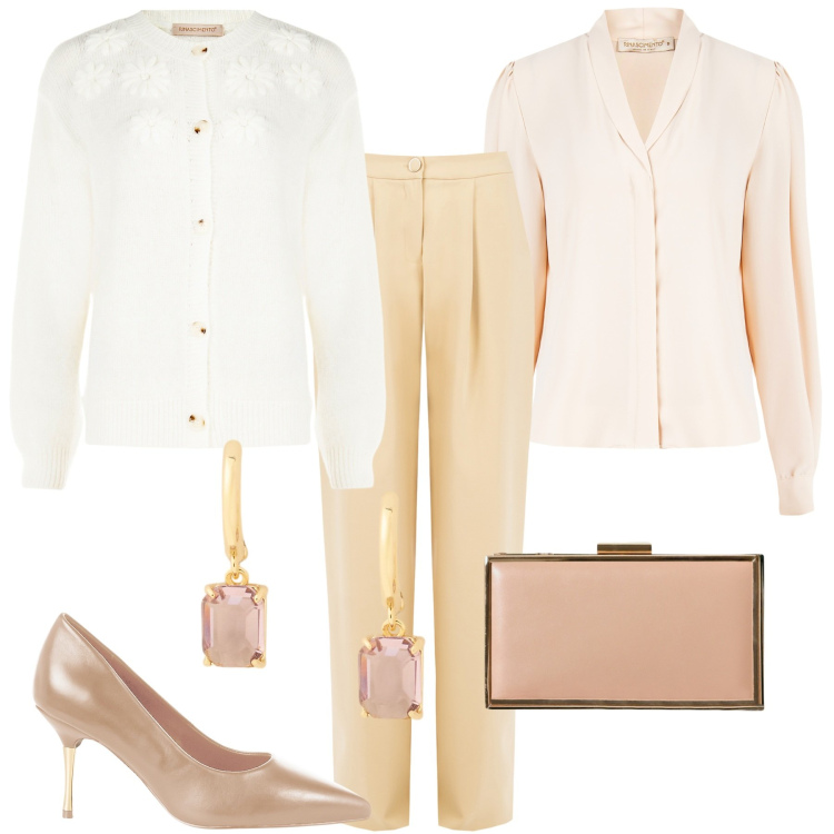Outfit donna - Eleganza delicata. Stile Romantica per Serata fuori. Abbinamento con pochette, camicie, décolleté, pantaloni, cardigans, orecchini.