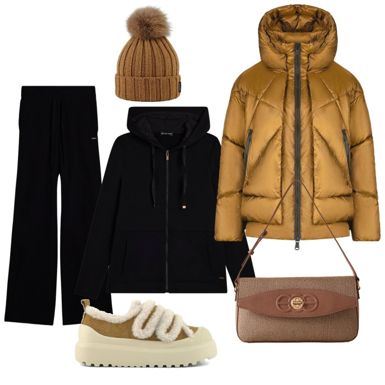 Outfit donna - Sporty chic nero e oro. Stile Sporty chic per Tutti i giorni. Abbinamento con borse a spalla, felpe con cappuccio, pantaloni, berretti, piumini, sneakers.