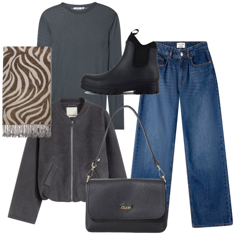 Outfit donna - Total look. Stile Basic per Tutti i giorni. Abbinamento con bomber, jeans, t-shirt, borse a tracolla, stivali, foulard.