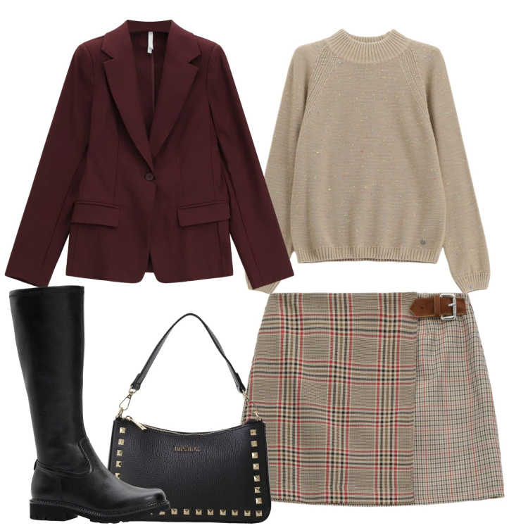 Outfit donna - Novembre. Stile Trendy per Tutti i giorni. Abbinamento con stivali, maglieria, blazer, pochette, minigonne.