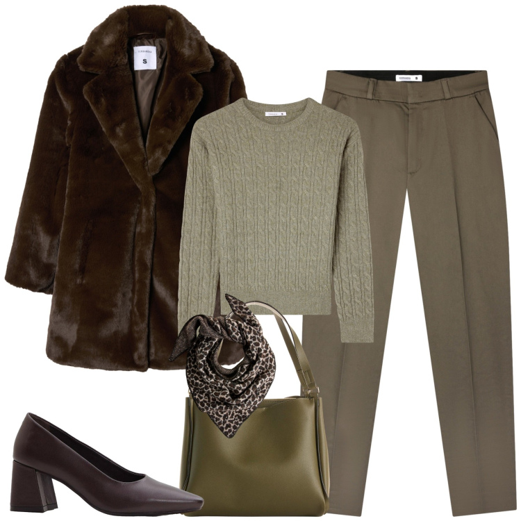 Outfit donna - City. Stile Urban per Tutti i giorni. Abbinamento con sciarpe, décolleté, borse a mano, pantaloni chino, maglieria, cappotti.