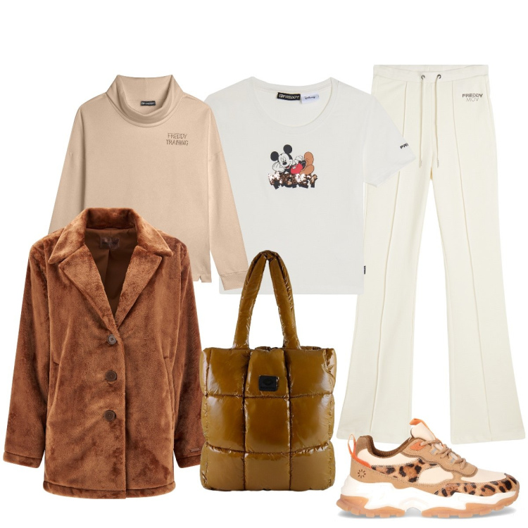 Outfit donna - Layering sporty chic. Stile Sporty chic per Tutti i giorni. Abbinamento con pantaloni, t-shirt, cappotti, felpe, shopping bag, sneakers alte.