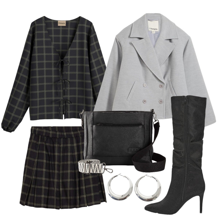 Outfit donna - Il completo a quadri. Stile Rock per Serata fuori. Abbinamento con caban, borse a tracolla, gonne, bluse, stivali, orecchini.