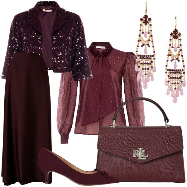 Outfit donna - Rinascimento 2025 Black Friday. Stile Glamour per Cerimonia. Abbinamento con camicie, bolero, gonne lunghe, borse a mano, décolleté, orecchini.