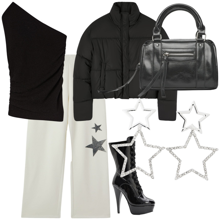 Outfit donna - Tacchi sotto le stelle. Stile Glamour per Serata fuori. Abbinamento con stivaletti, pantaloni, orecchini, bomber, top, borse a mano.