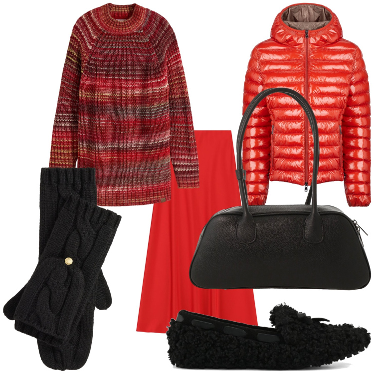 Outfit donna - Total look. Stile Trendy per Tutti i giorni. Abbinamento con maglieria, gonne lunghe, borse a mano, guanti, blazer, mocassini.