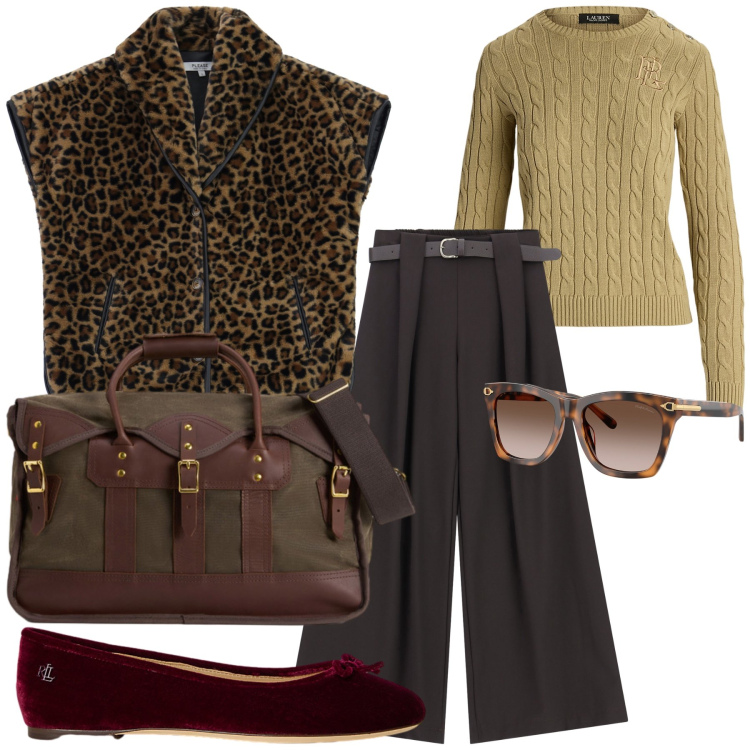 Outfit donna - Un gilet peloso e chic. Stile Chic per Ufficio. Abbinamento con cappotti, pantaloni, maglieria, ballerine, occhiali da sole, borse a tracolla.