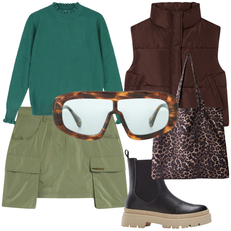 Outfit donna - Total and sporty look. Stile Casual per Tutti i giorni. Abbinamento con stivaletti chelsea, shopping bag, piumini, occhiali da sole, minigonne, maglieria.