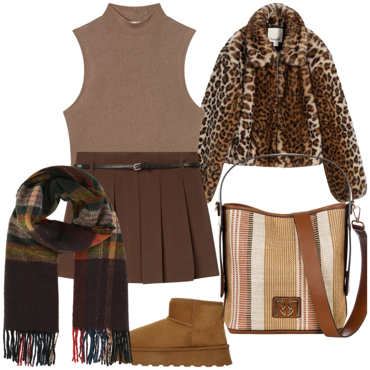 Outfit donna - Preppy total look. Stile Preppy per Tutti i giorni. Abbinamento con ecopellicce, sciarpe, borse a secchiello, minigonne, top, stivali.