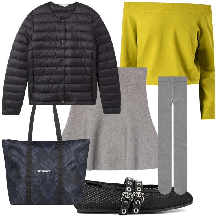Outfit donna - Spese in città. Stile Trendy per Tutti i giorni. Abbinamento con minigonne, collant, piumini, maglieria, shopping bag, ballerine.