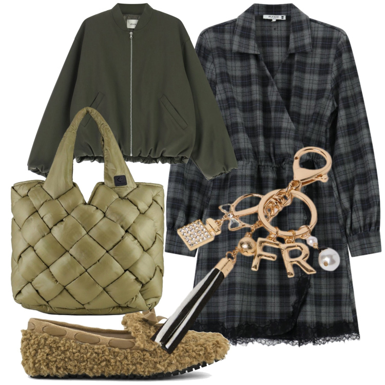 Outfit donna - In ufficio le scarpe calde. Stile Urban per Ufficio. Abbinamento con vestiti corti, bomber, borse tote, mocassini, portachiavi.