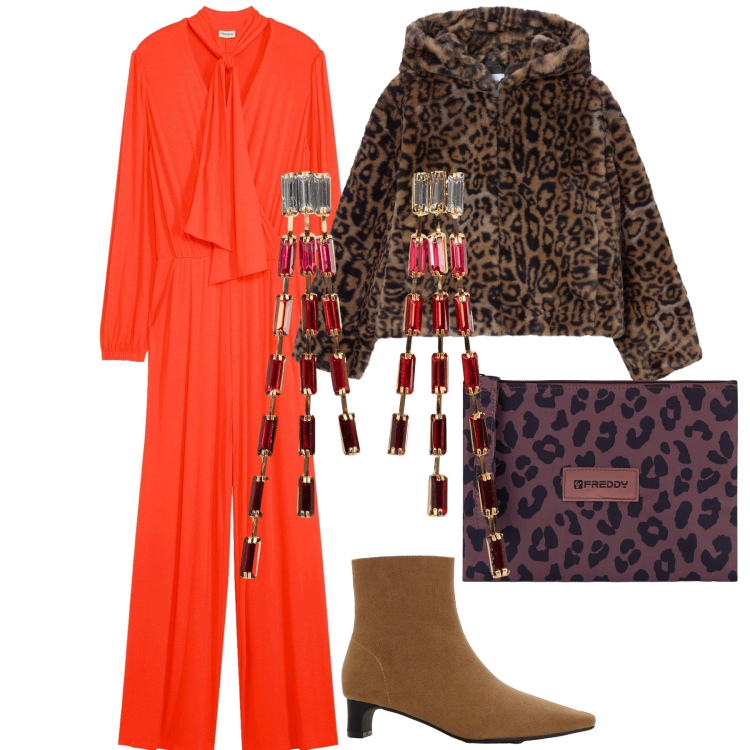 Outfit donna - Cerimonia con tuta vivace e chic. Stile Glamour per Cerimonia. Abbinamento con tute, stivaletti, orecchini, ecopellicce, clutch.