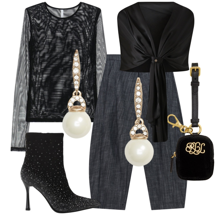 Outfit donna - Serata mix. Stile Trendy per Serata fuori. Abbinamento con scialli, stivaletti, t-shirt, pantaloni, orecchini, pochette.