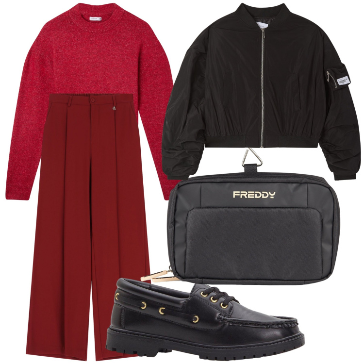 Outfit donna - Giornata. Stile Basic per Tutti i giorni. Abbinamento con mocassini, maglieria, bomber, valigie, pantaloni a palazzo.