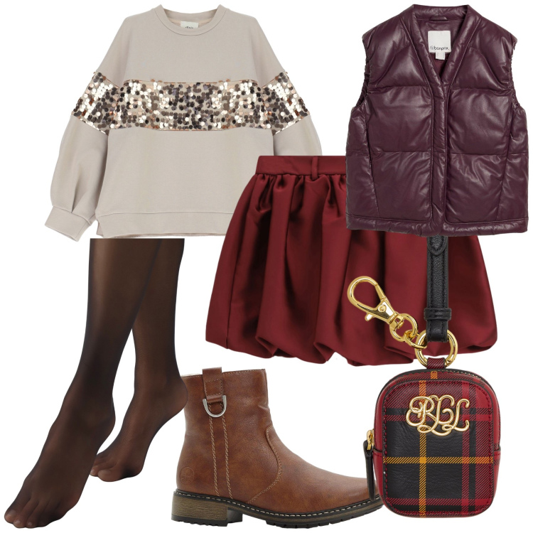 Outfit donna - Pizza della serata con amici. Stile Trendy per Serata fuori. Abbinamento con piumini, stivaletti, collant, minigonne, felpe, pochette.