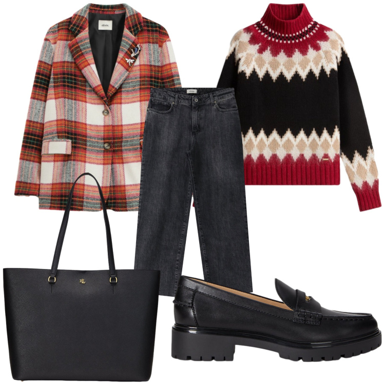 Outfit donna - Total look. Stile Mannish per Tutti i giorni. Abbinamento con jeans dritti, blazer, borse tote, mocassini, maglieria.