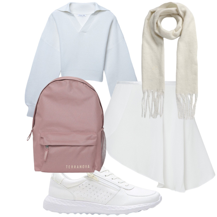 Outfit donna - Bianco sporco e rosa. Stile Casual per Tutti i giorni. Abbinamento con sneakers, zaini, maglieria, sciarpe, minigonne.