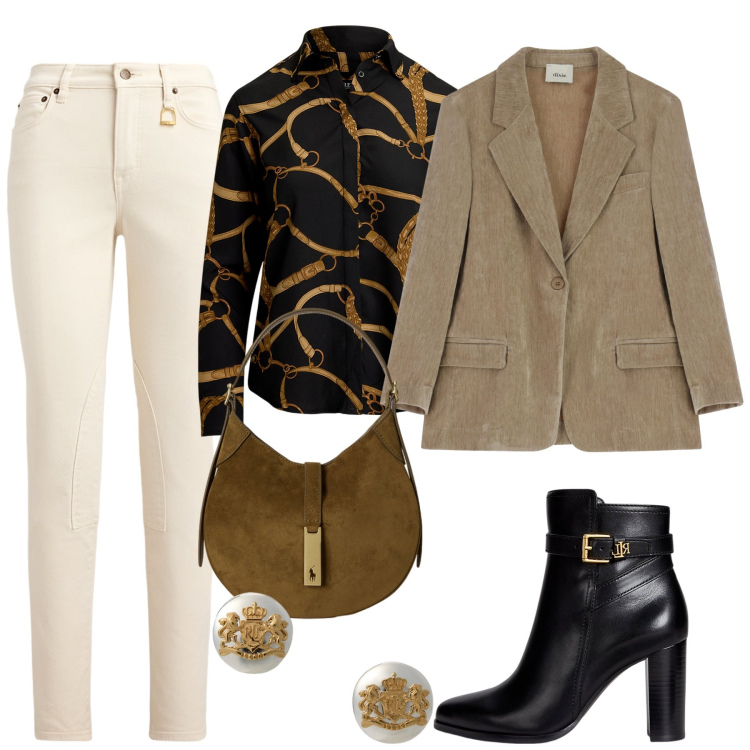 Outfit donna - Novembre. Stile Casual chic per Tutti i giorni. Abbinamento con blazer, orecchini, camicie, stivaletti, borse a spalla, jeans skinny.