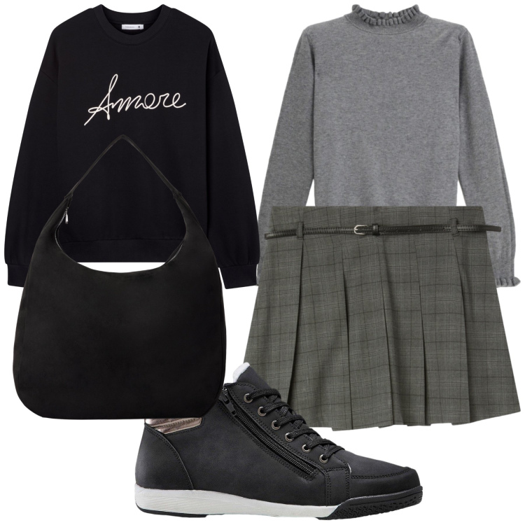 Outfit donna - Un amore di look semplice. Stile Trendy per Tutti i giorni. Abbinamento con sneakers alte, borse a mano, minigonne, felpe, maglieria.