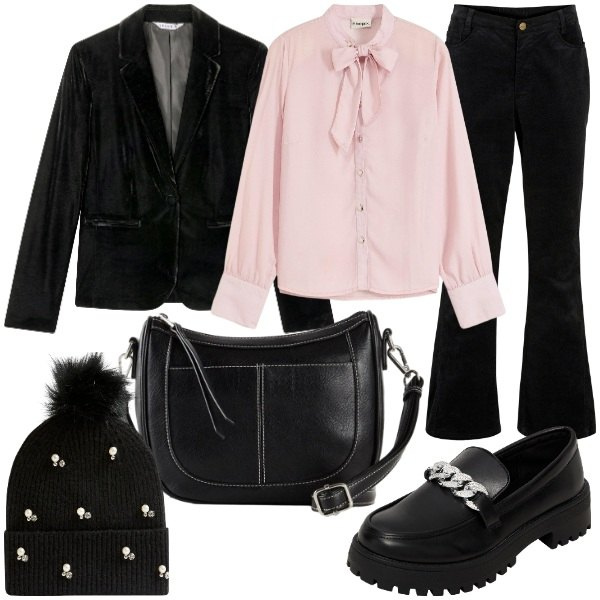Outfit donna - Qualcosa di velluto. Stile Glamour per Serata fuori. Abbinamento con pantaloni, camicie, borse a tracolla, blazer, mocassini, berretti.