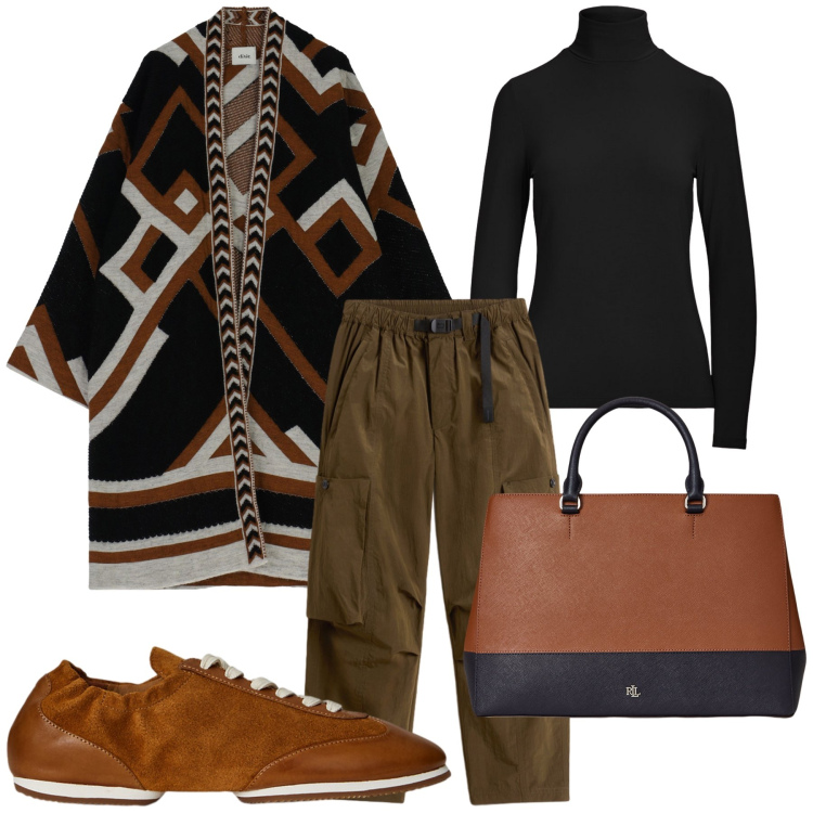 Outfit donna - Un coat cardigan. Stile Trendy per Ufficio. Abbinamento con cappe, top, ballerine, borse a mano, pantaloni cargo.