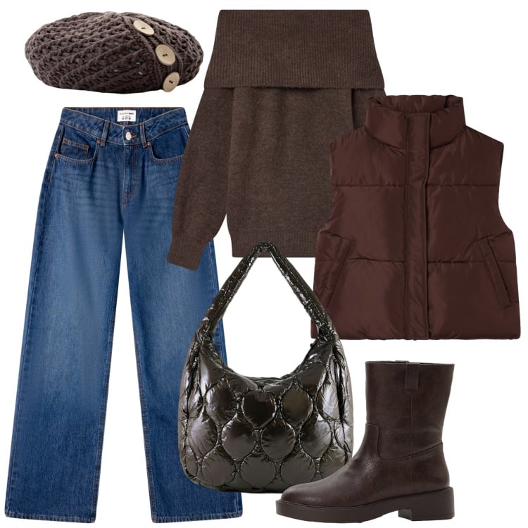 Outfit donna - Daily chic. Stile Casual chic per Tutti i giorni. Abbinamento con stivaletti, berretti, maglieria, jeans, piumini, borse tote.