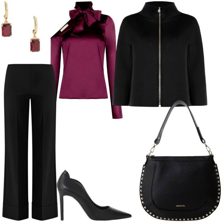 Outfit donna - Arrivano le feste. Stile Chic per Serata fuori. Abbinamento con bluse, pantaloni a palazzo, cappe, borse a spalla, décolleté, orecchini.