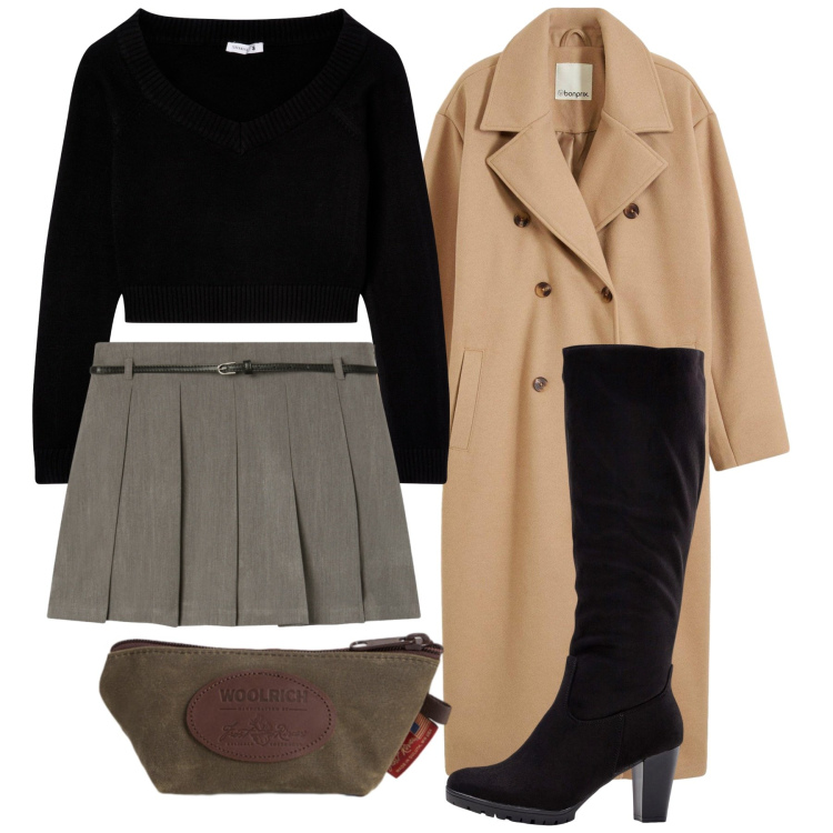 Outfit donna - Bon ton novembre. Stile Bon Ton per Tutti i giorni. Abbinamento con stivali, cappotti, minigonne, maglieria, pochette.