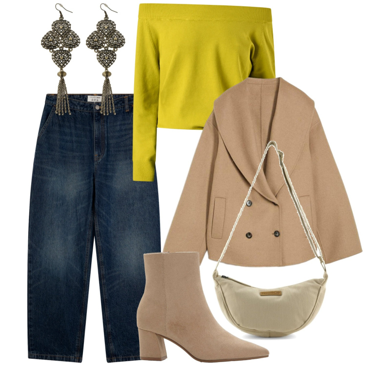 Outfit donna - Serata tranquilla. Stile Casual chic per Serata fuori. Abbinamento con blazer, stivaletti, jeans, maglieria, orecchini, borse a tracolla.