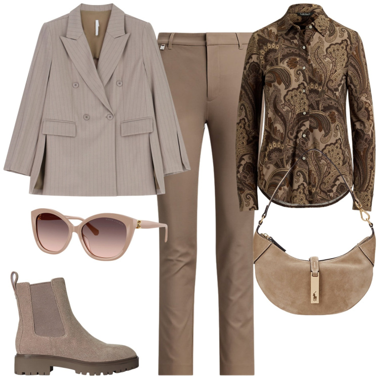 Outfit donna - Stile in città. Stile Chic per Tutti i giorni. Abbinamento con blazer, stivaletti chelsea, occhiali da sole, pantaloni, camicie, borse a spalla.