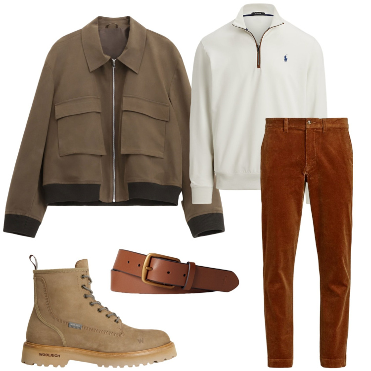 Outfit uomo - Total look #2288777. Stile Casual per Tutti i giorni. Abbinamento con giacche, cinture, pantaloni, pullovers, anfibi.