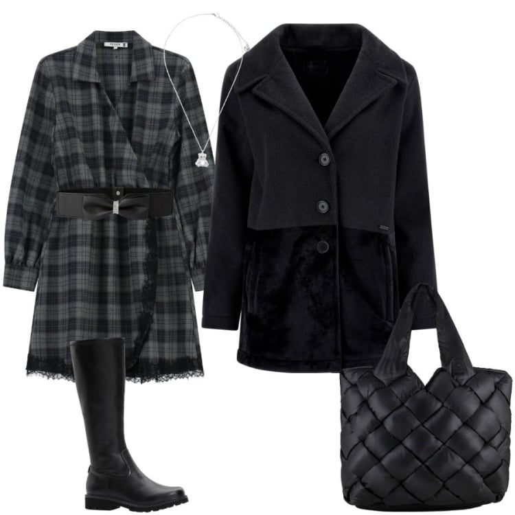 Outfit donna - Tartan e merletto. Stile Casual chic per Ufficio. Abbinamento con stivali, cinture, vestiti corti, cappotti, ciondoli, borse tote.