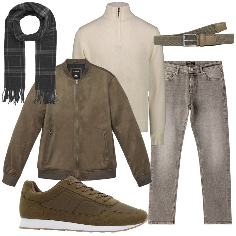 Outfit uomo - Total look #2288781. Stile Casual per Tutti i giorni. Abbinamento con sneakers, giacche, jeans, cinture, sciarpe, maglieria.