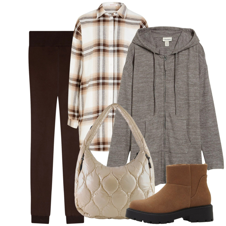 Outfit donna - Novembre. Stile Casual per Tutti i giorni. Abbinamento con camicie, stivaletti, cardigans, leggings, borse tote.
