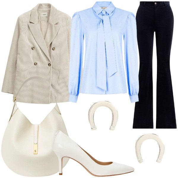 Outfit donna - Velluto. Stile Glamour per Cerimonia. Abbinamento con camicie, blazer, borse a spalla, pantaloni, décolleté, orecchini.