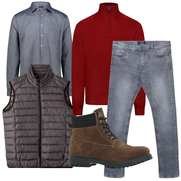 Outfit uomo - Total look #2288784. Stile Casual per Tutti i giorni. Abbinamento con stivali e stivaletti, piumini, jeans skinny, maglieria, camicie.