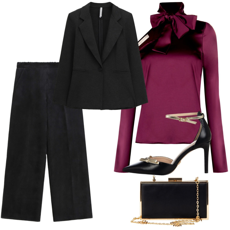 Outfit donna - Total look #2288785. Stile Chic per Serata fuori. Abbinamento con décolleté, pochette, bluse, pantaloni a palazzo, blazer.