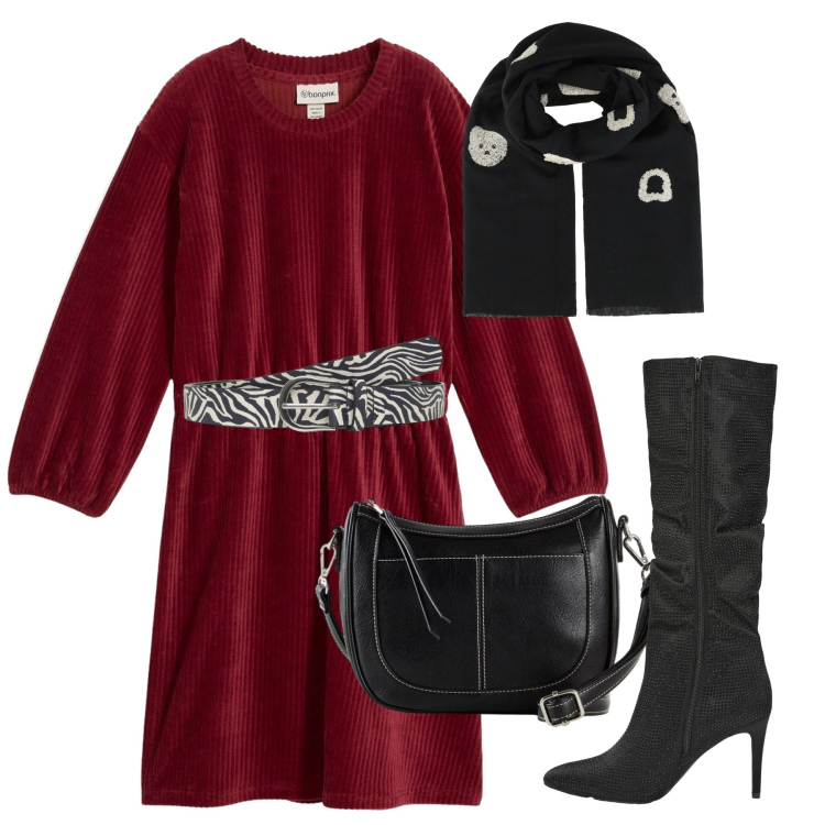 Outfit donna - In rosso. Stile Bon Ton per Serata fuori. Abbinamento con vestiti, borse a tracolla, sciarpe, stivali, cinture.