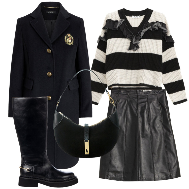 Outfit donna - Total look #2288788. Stile Casual chic per Tutti i giorni. Abbinamento con gonne, maglieria, stivali sopra il ginocchio, borse a spalla, cappotti.