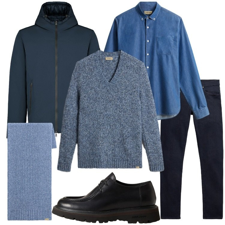 Outfit uomo - Look smart casual da ufficio. Stile Casual per Ufficio. Abbinamento con parka, jeans, pullovers, camicie, scarpe stringate, sciarpe.