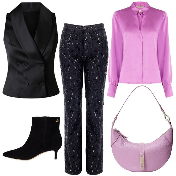 Outfit donna - uscita elegante. Stile Sporty chic per Serata fuori. Abbinamento con pantaloni, camicie, gilet, borse a spalla, stivaletti.