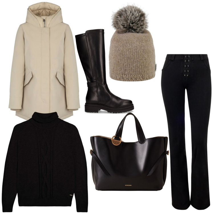 Outfit donna - Chic sotto la pioggia. Stile Sporty chic per Tutti i giorni. Abbinamento con shopping bag, maglieria, jeans skinny, eskimo, berretti, stivali.