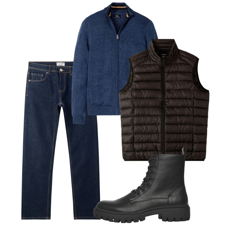 Outfit uomo - Novembre. Stile Casual per Tutti i giorni. Abbinamento con cardigans, jeans, anfibi, piumini.