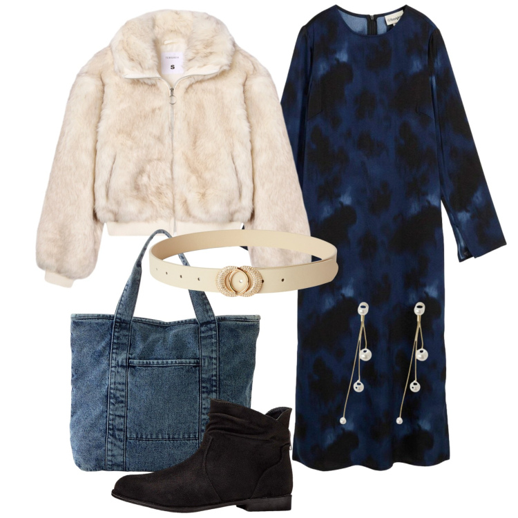 Outfit donna - Blu notte blu. Stile Bon Ton per Serata fuori. Abbinamento con vestiti midi/longuette, stivaletti, shopping bag, cinture, ecopellicce, orecchini.