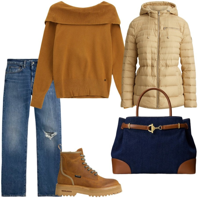 Outfit donna - Il maglione sciallato. Stile Casual chic per Scuola/Università. Abbinamento con maglieria, jeans dritti, piumini, borse a mano, anfibi.