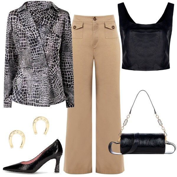 Outfit donna - convention. Stile Casual chic per Ufficio. Abbinamento con pantaloni, bluse, top, borse a mano, orecchini, décolleté.
