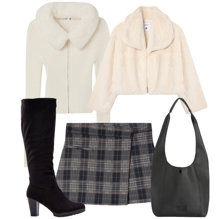 Outfit donna - Tartan grigio a portafoglio. Stile Chic per Tutti i giorni. Abbinamento con stivali, cardigans, minigonne, ecopellicce, borse a spalla.